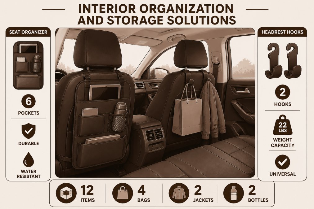 Car interior showing back seat with organized headrest hooks holding shopping bags and jackets, seat organizer with pockets visible, natural window lighting