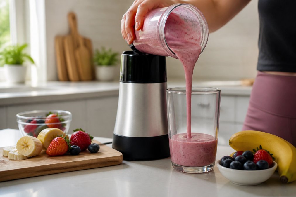 Close-up of a personal blender with fresh berries and banana slices being blended into a smooth consistency, liquid pouring into a clear glass on a bright kitchen counter with natural morning light