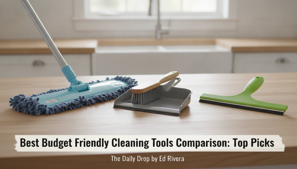 Flat lay arrangement of budget cleaning tools including microfiber cloths, spin mop, handheld vacuum, cleaning paste, and scrub sponges on a clean white surface with natural lighting