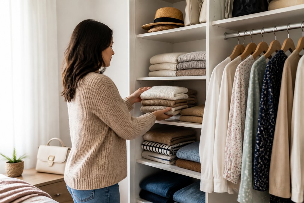 A woman organizing a small, tidy wardrobe with neatly folded neutral-colored basics and a few patterned tops on hangers in soft natural light, representing a curated capsule wardrobe