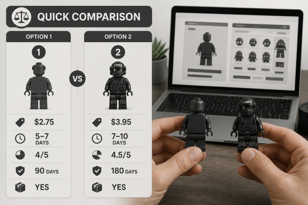 Comparison chart of custom brick sites showing two minifigures side by side on a desk to evaluate quality and price.
