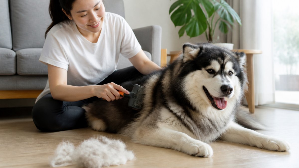 A person brushing a fluffy double-coated dog on a living room floor with a grooming brush and a small pile of loose fur nearby, natural window light