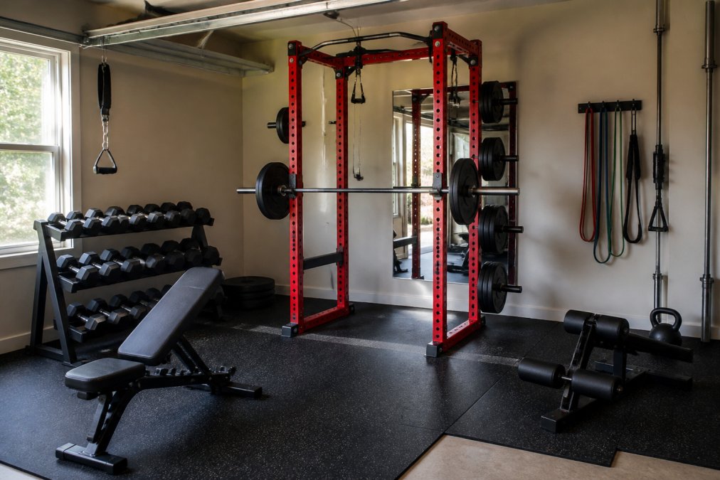A well-organized home gym setup in a garage with a red power rack, adjustable bench, and dumbbells, natural light through a side window