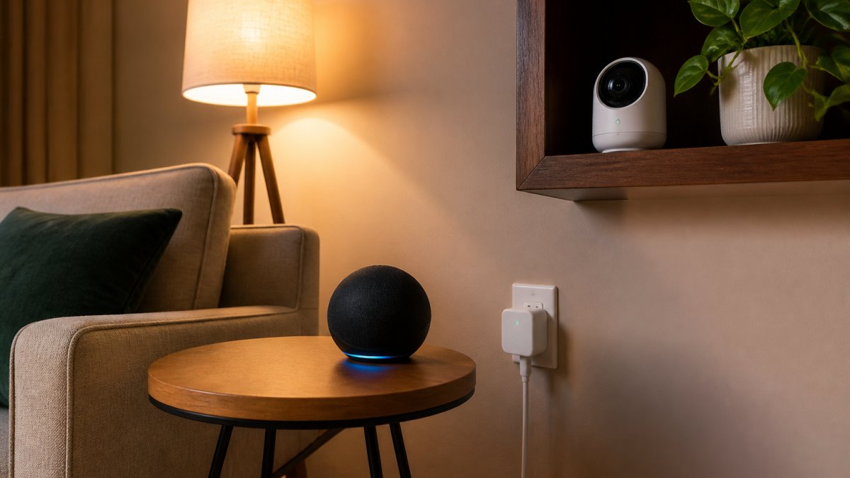 A cozy living room corner with a smart speaker on a side table, a smart plug in the wall outlet, and a small indoor camera on a shelf, all lit by warm ambient light from a smart bulb