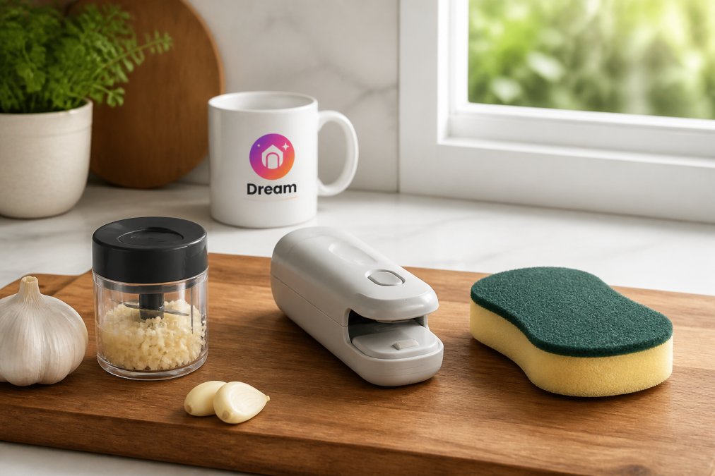 A close-up of a kitchen counter with a compact garlic grinder, a handheld bag sealer, and a double-sided cleaning sponge arranged neatly on a wooden cutting board, with natural light from a window