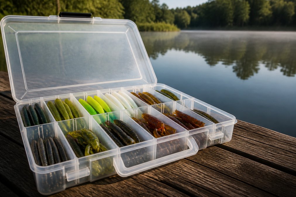A close-up photograph of a tackle box open on a wooden dock, several soft plastic lures in different colors and sizes arranged neatly in the compartments, a calm pond visible in the background under soft morning light