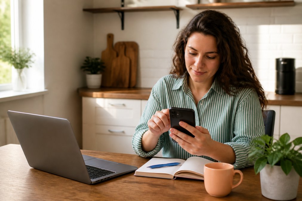 A person sitting at a kitchen table holding a smartphone, comparing prices on a shopping app, with a laptop and notepad open beside them in a bright home setting