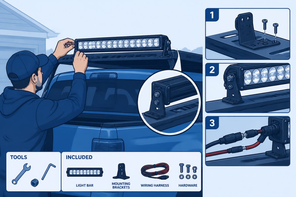 Person installing LED light bar on truck bed or roof rack in driveway, hands-on work visible, showing mounting brackets and wiring connections in natural daylight