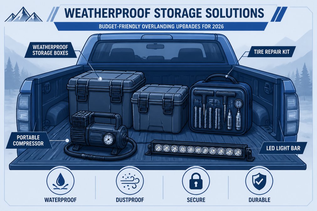 Overlanding gear laid out on truck bed including tire repair kit, weatherproof storage boxes, portable compressor, and LED light bar ready for installation, natural daylight showing all components clearly