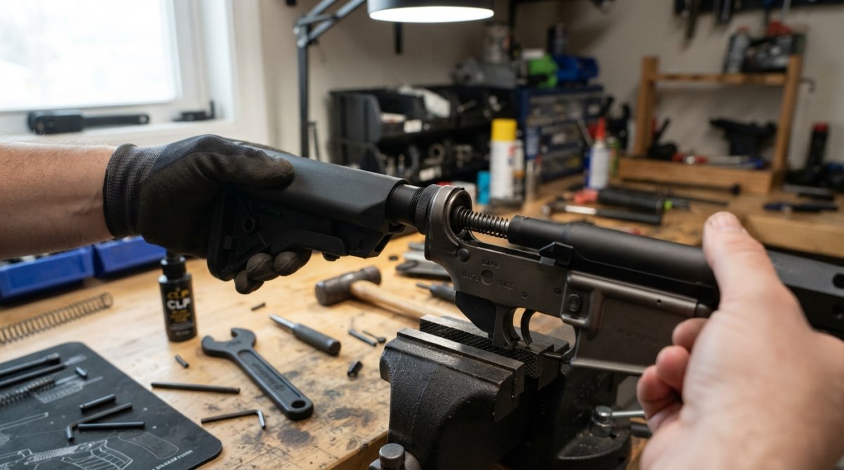 Hands installing an AR-15 collapsible stock onto a mil-spec buffer tube on a workbench with receiver extension, castle nut, and wrench visible