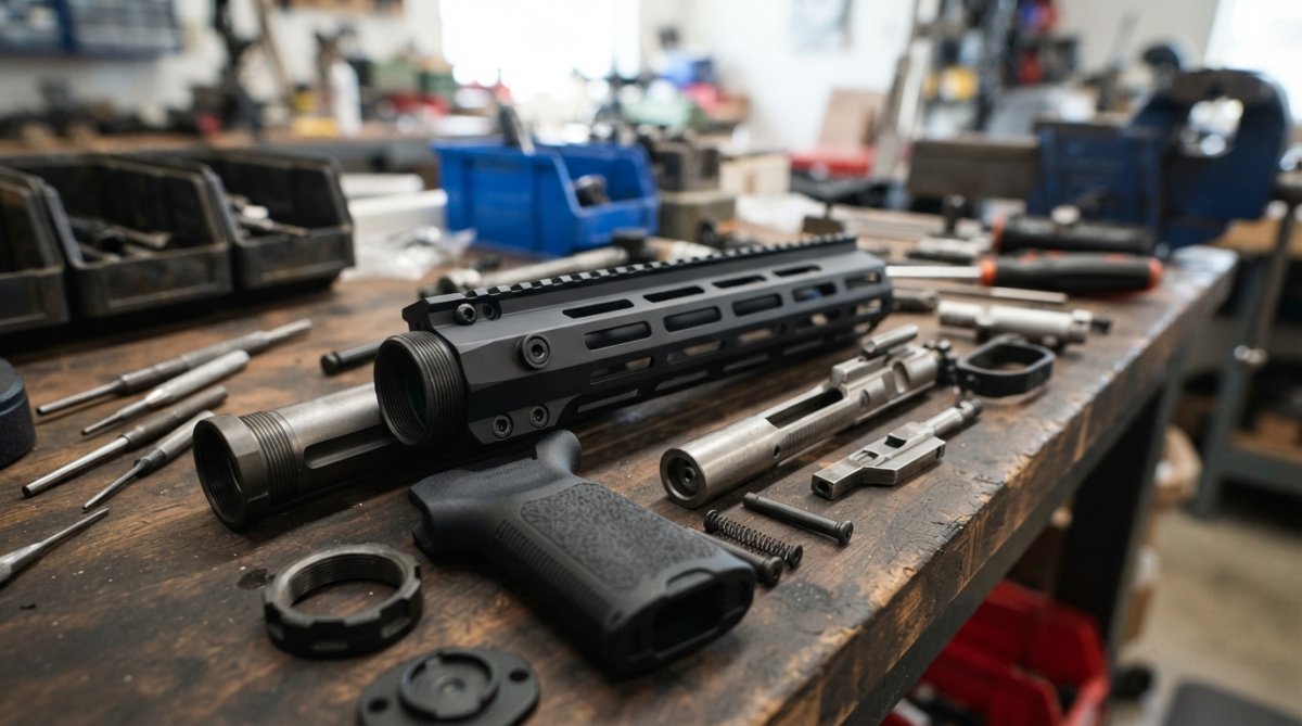 Close-up of anodized aluminum and stainless steel rifle furniture components showing textured surfaces, reinforced stress points, and precision machining under bright workshop lighting