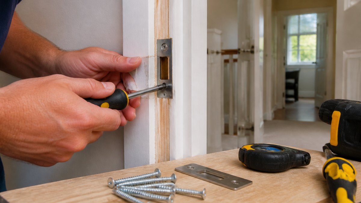 Close-up of a person's hands using a screwdriver to fit a metal strike plate and longer screws into a wooden door frame, with tools and screws visible on a nearby surface, in a residential hallway