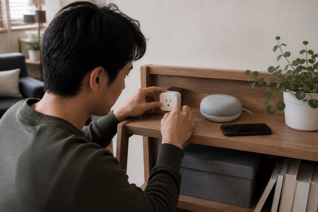 A young professional in a small apartment setting up a smart speaker and smart plug on a wooden shelf, with a smartphone showing a smart home app nearby