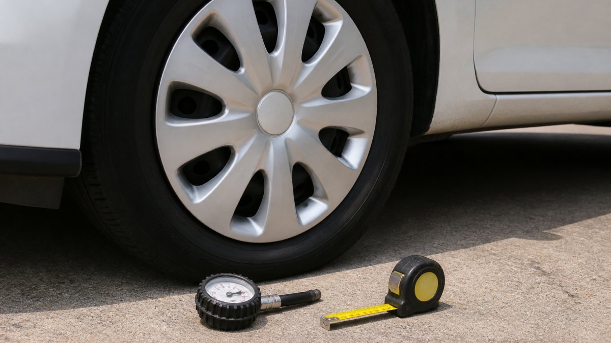 A close-up photograph of a silver plastic hubcap mounted on a car wheel, with a tire gauge and measuring tape resting on the ground nearby in a driveway, natural daylight