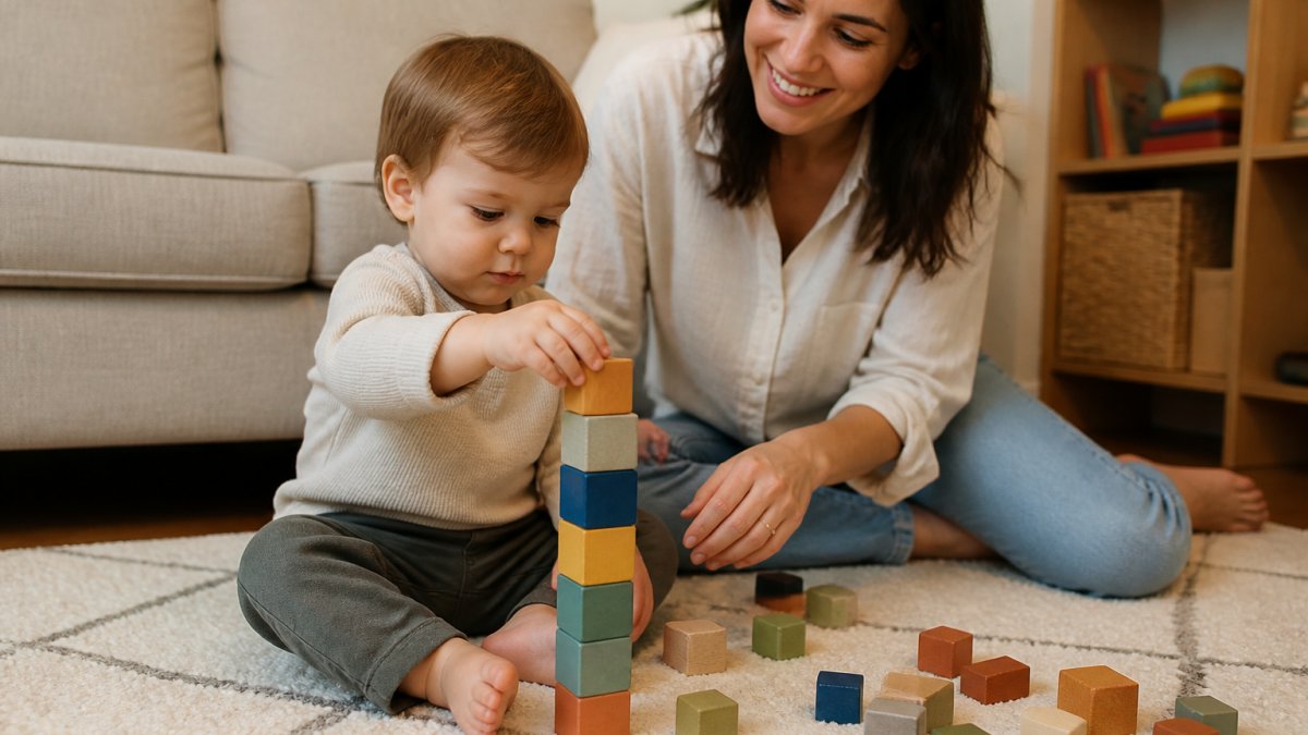 A toddler sitting on a living room rug stacking chunky wooden alphabet blocks into a tower, with a parent nearby smiling and guiding the play