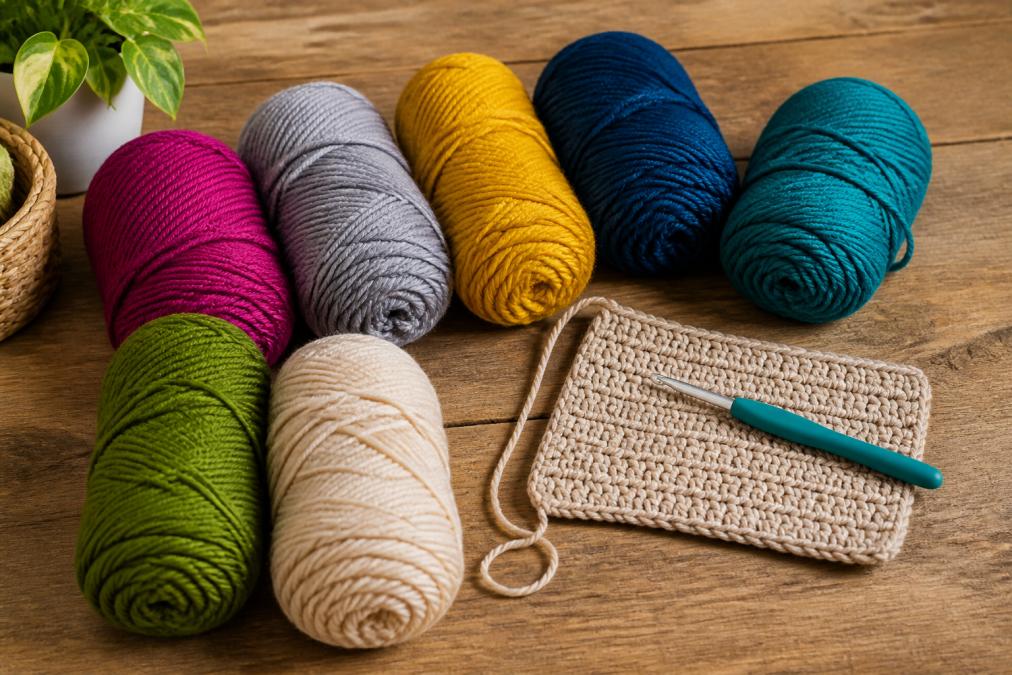 A flat lay of several skeins of affordable worsted weight yarn in various colors, with a crochet hook and a partially completed practice swatch resting on a wooden table