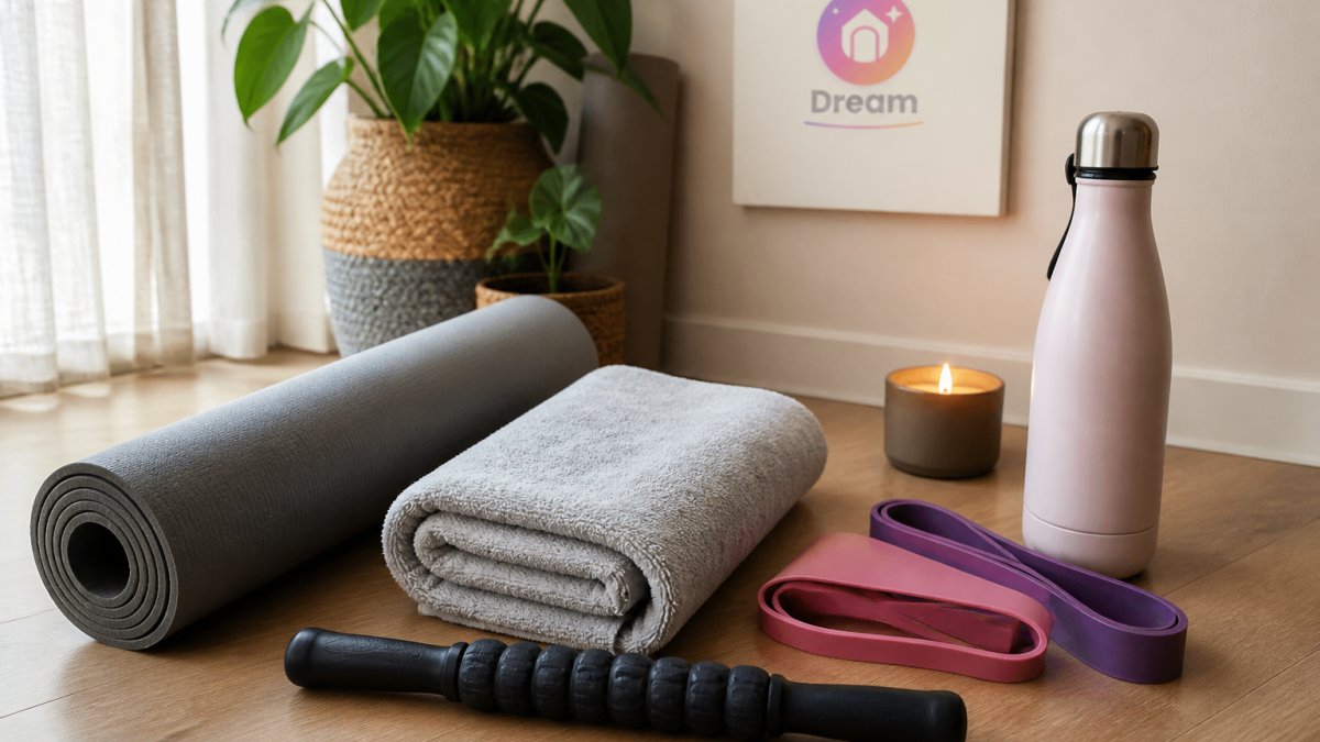 Rolled yoga mat, resistance bands, water bottle, towel, and massage stick arranged on a wooden floor near a candle
