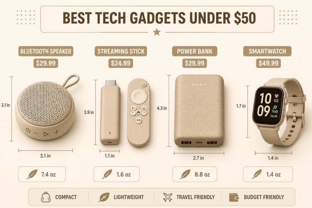 Flat lay of trending budget gadgets arranged on clean white surface showing compact Bluetooth speaker, streaming stick, power bank, and smartwatch displaying portability and size