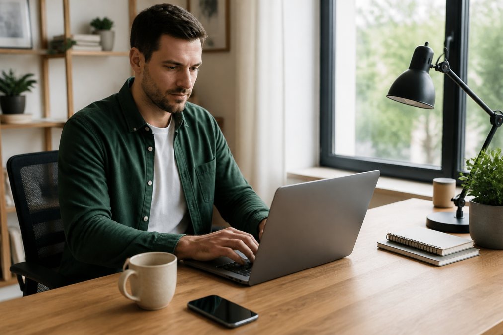 A remote worker sitting at a clean home office desk with a laptop open, coffee mug nearby, natural light coming through a large window, looking focused and productive