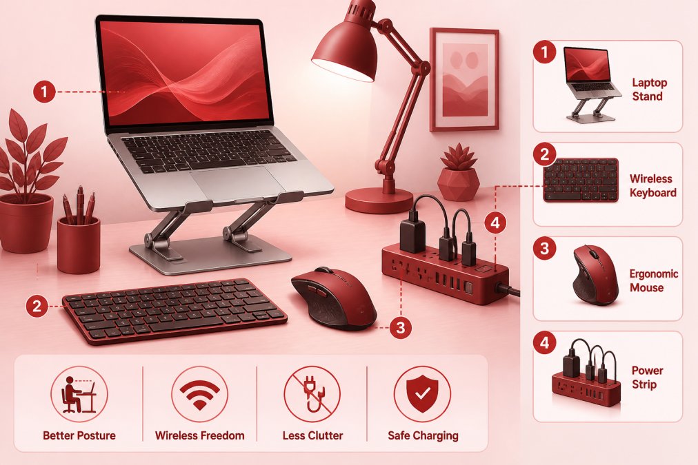 Close-up of a well-organized home office desk showing a laptop elevated on an adjustable stand, a compact wireless keyboard, an ergonomic wireless mouse, and a power strip with multiple charging cables neatly arranged, warm desk lamp light