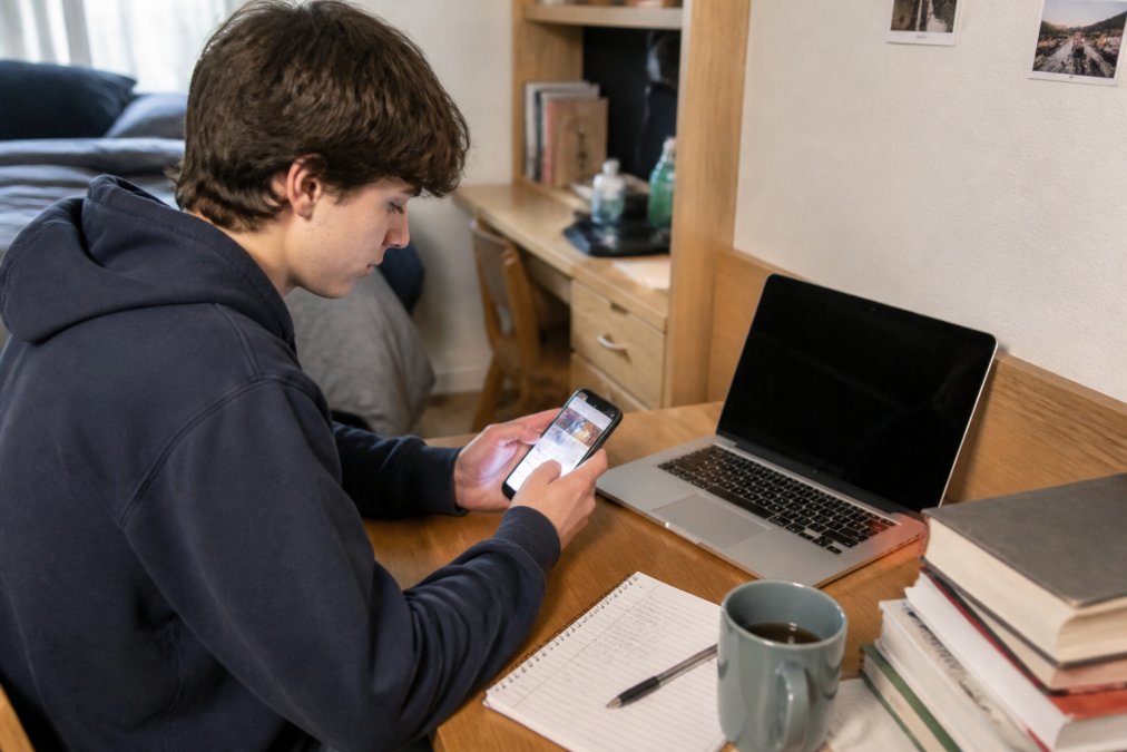 A university student sitting at a wooden desk in a dorm room, comparing laptop options on a smartphone while a refurbished MacBook Air sits open nearby with textbooks and a coffee mug