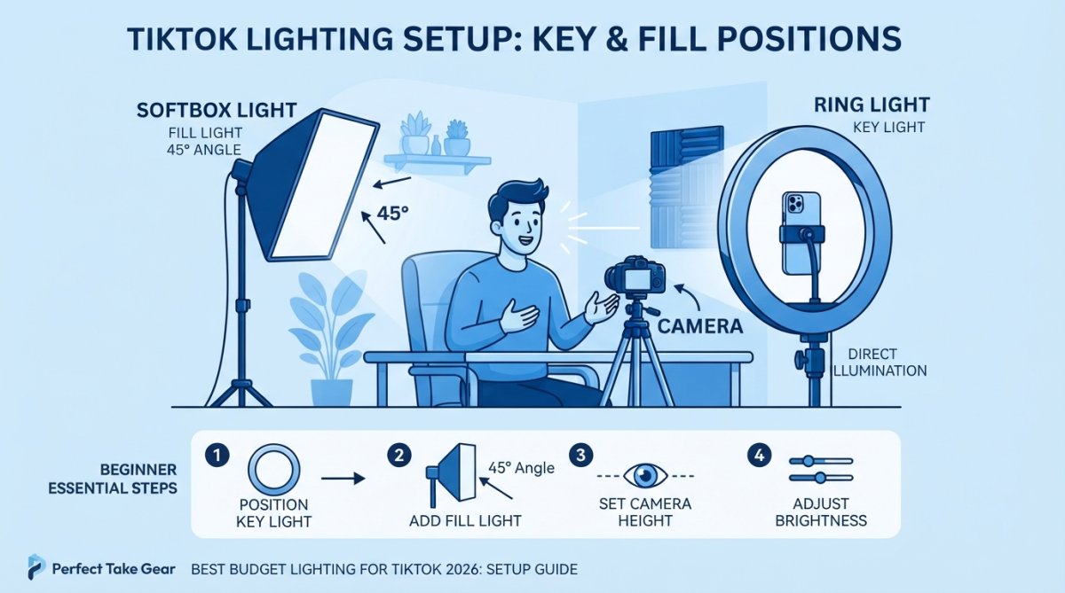 TikTok creator positioned in front of a ring light and LED panel setup in a small bedroom, showing proper key light at eye level and fill light to the side for talking-head video