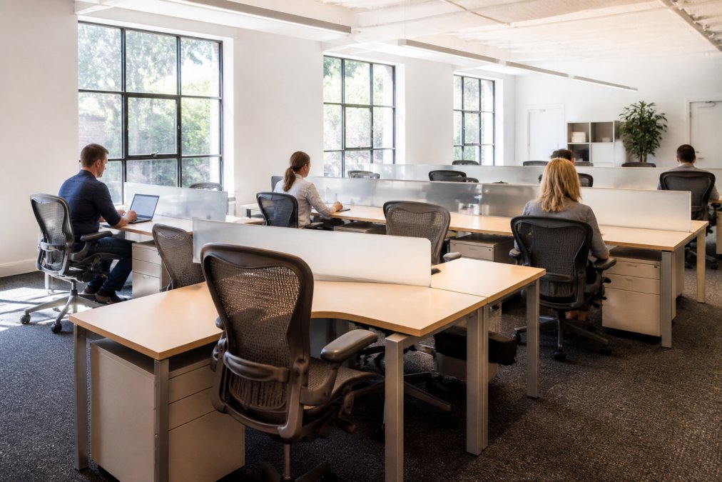 Wide shot of a bright startup office with rows of matching pre-owned Steelcase and Herman Miller desks and ergonomic mesh chairs, a few young professionals working on laptops, natural light from large windows