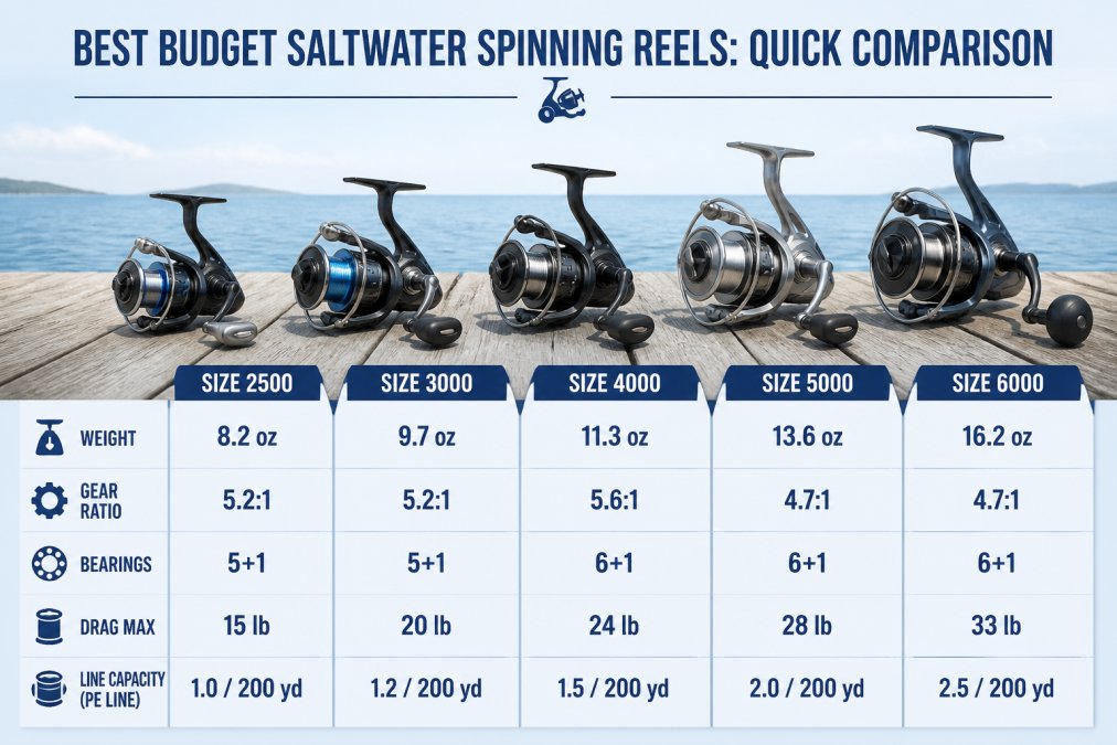 Five budget saltwater spinning reels displayed side by side on a weathered wooden dock with calm ocean water visible in the background, showing distinct size differences and metal body finishes in natural daylight