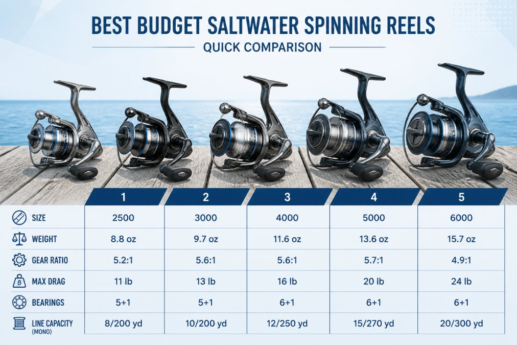 Visual comparison chart showing budget saltwater spinning reels