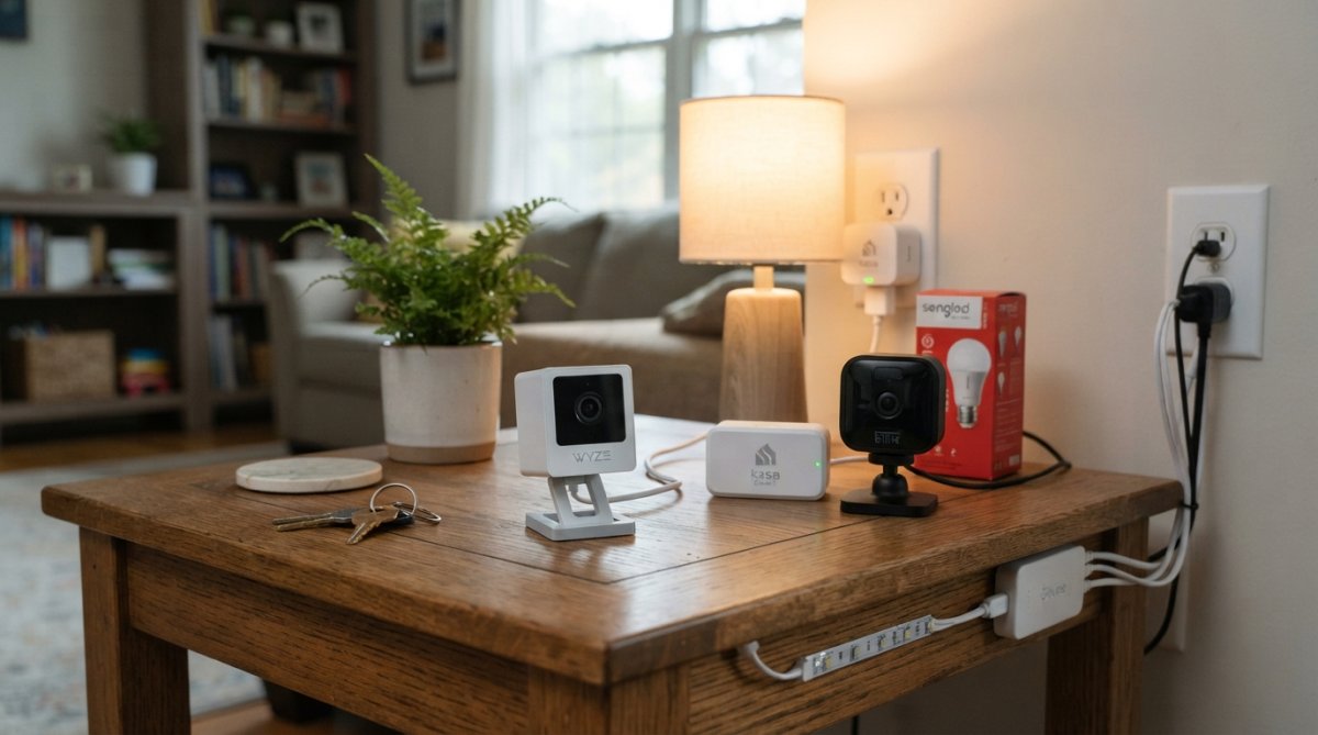 Flat lay of budget smart home devices arranged on a white surface: TP-Link smart plug, Wyze camera, smart speaker, door sensor, and LED strip lights