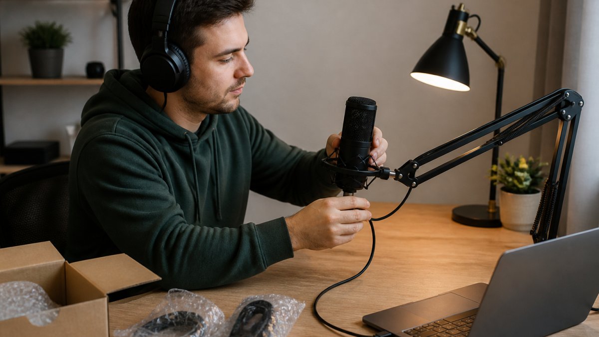 Content creator sitting at a desk with a microphone on a boom arm and headphones in a home studio setup