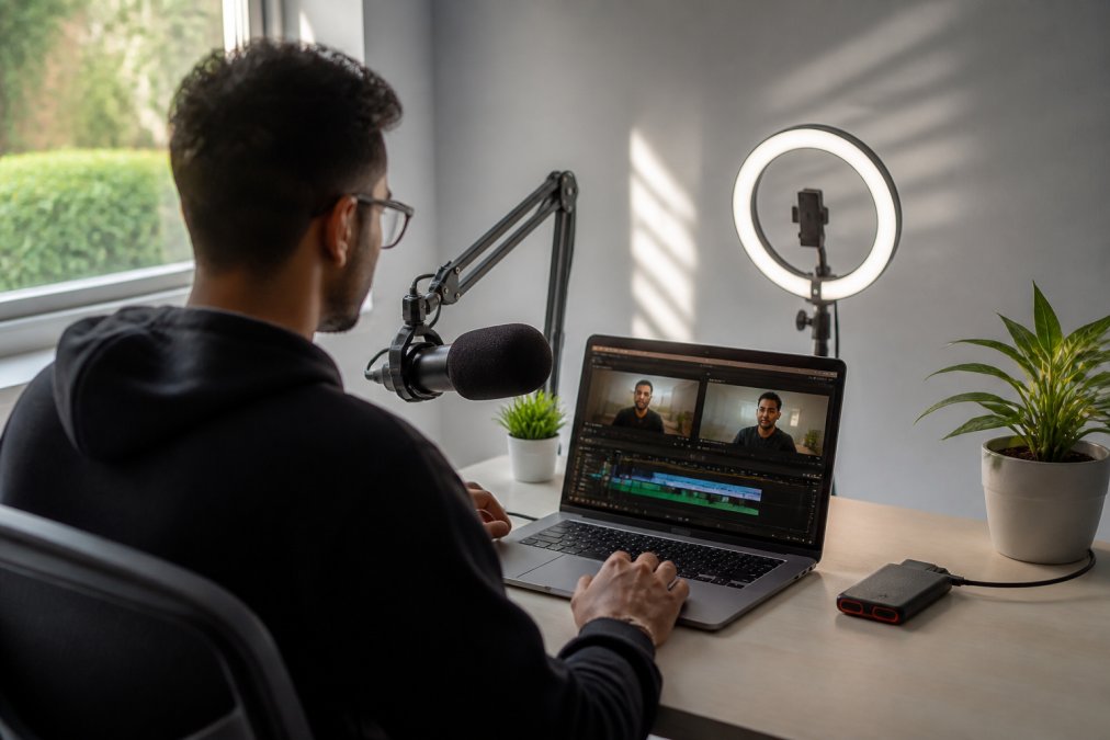 Content creator working at minimalist desk setup with microphone on boom arm, small LED ring light positioned at eye level, external hard drive visible, laptop displaying video editing software, recording against neutral backdrop with natural window light