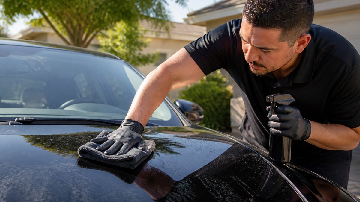 Infographic showing the proper application technique for bug and tar remover on a car hood using a microfiber towel