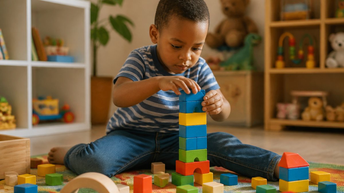 A four-year-old child sitting on a bright play mat, concentrating intently as they stack and connect large colourful building blocks with both hands, with various wooden and plastic blocks scattered around them