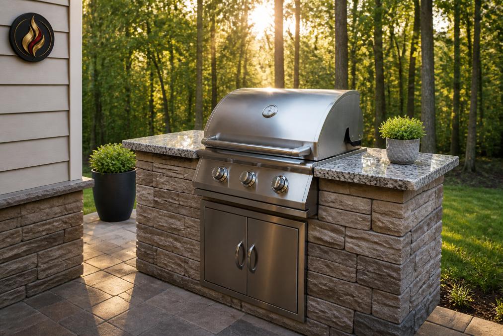 A stainless steel built-in grill set into a compact granite-topped outdoor kitchen island on a residential patio, with a wooded backyard in the background and late afternoon sunlight