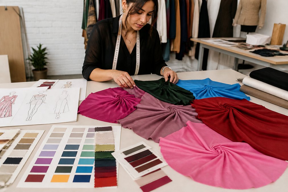 Fashion designer examining fabric swatches and color samples on a work table with design sketches, color palettes, and textile samples arranged for comparison in natural studio lighting