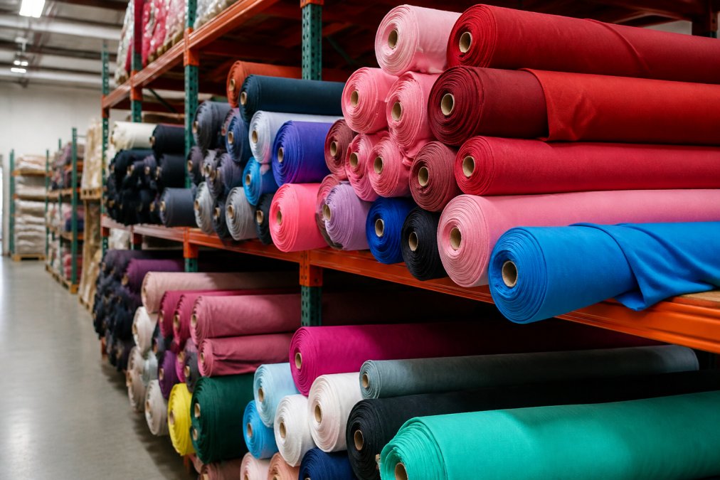 Rolls of colorful fabric bolts stacked in a warehouse distribution center, showing variety of textures, patterns, and weights arranged for inventory management with professional lighting