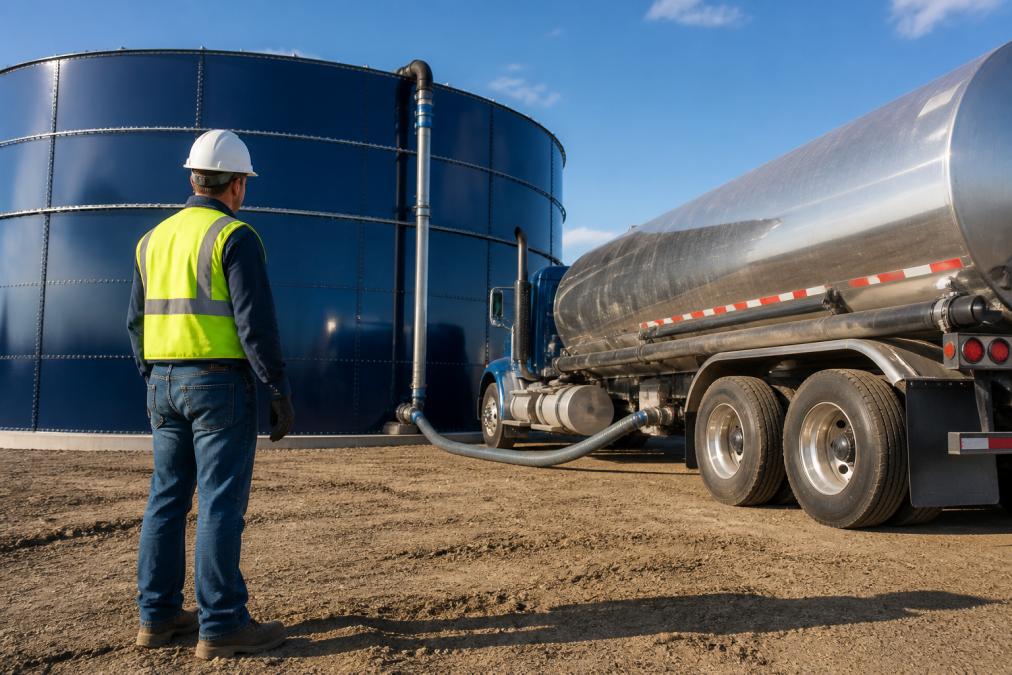 A facility manager in a hard hat and safety vest overseeing a large tanker truck filling an industrial water storage tank at a construction site