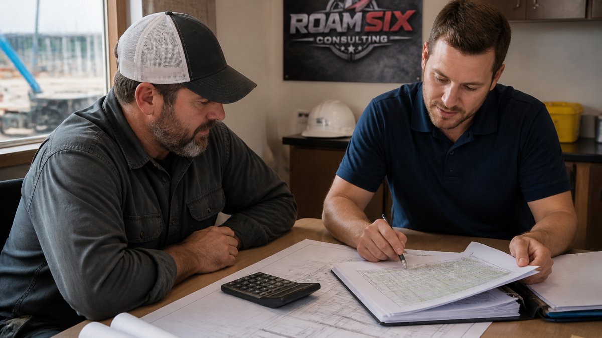 A construction business owner and a financial consultant reviewing cash flow forecasts and spreadsheets on a laptop at a job site trailer desk, with blueprints and a calculator nearby