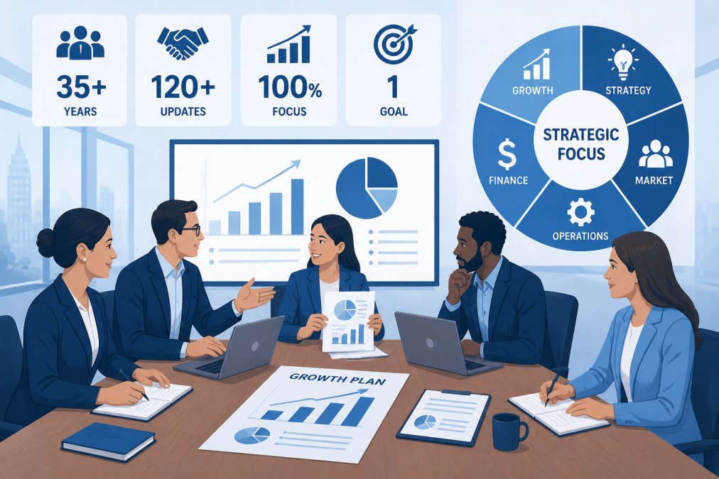 Diverse team of business professionals in a modern conference room reviewing strategy documents and discussing growth plans around a wooden table with laptops and notepads