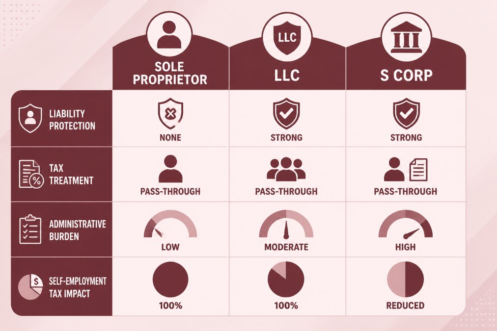 Comparison matrix showing sole proprietor, LLC, and S corp with columns for liability protection, tax treatment, administrative burden, and self-employment tax impact