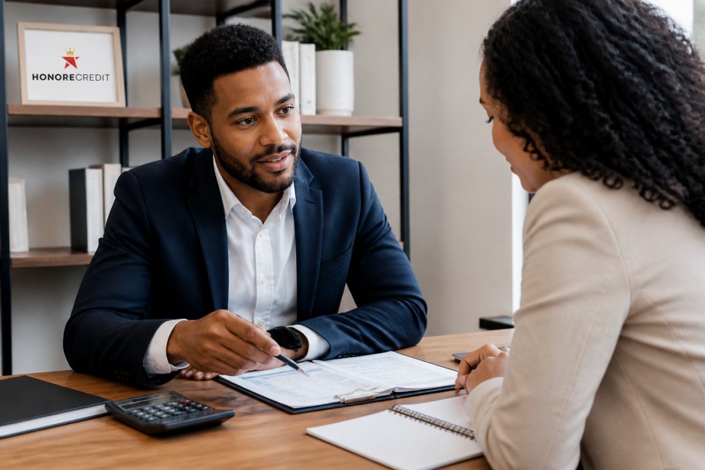 A confident entrepreneur meeting with a financial advisor across a desk, reviewing loan documents and a laptop with a calculator nearby in a bright office