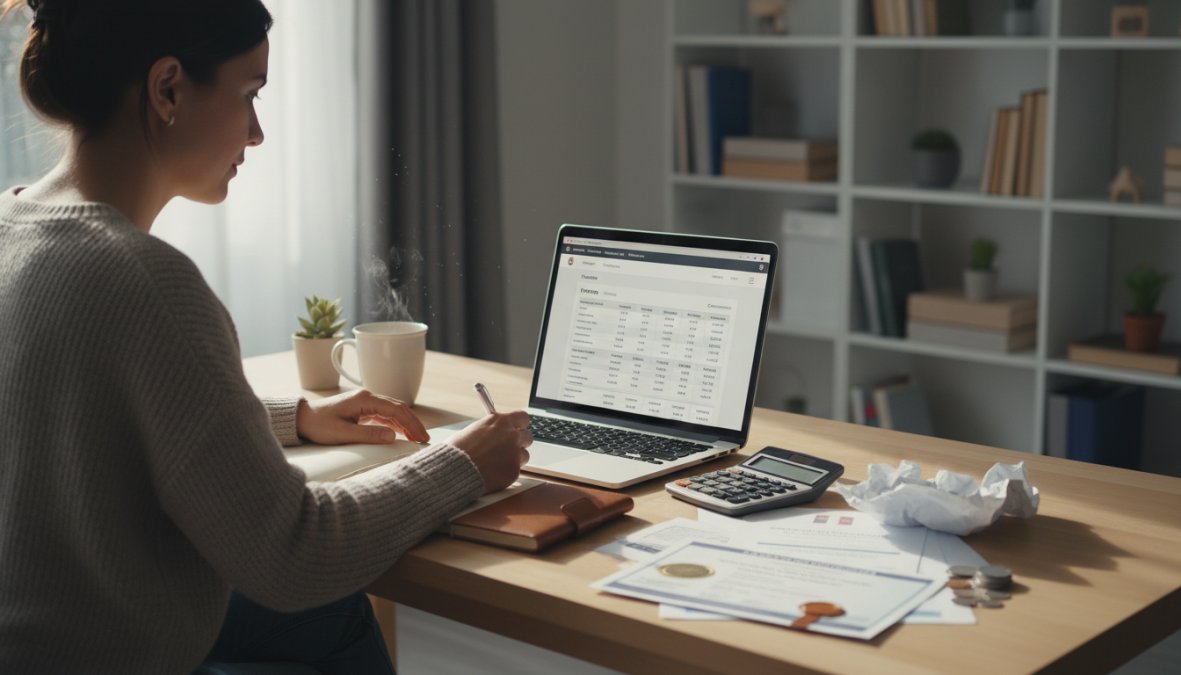 Small business owner seated at a clean wooden desk reviewing printed LLC formation documents beside a laptop showing a business registration dashboard, warm morning light coming through a window in a modern home office