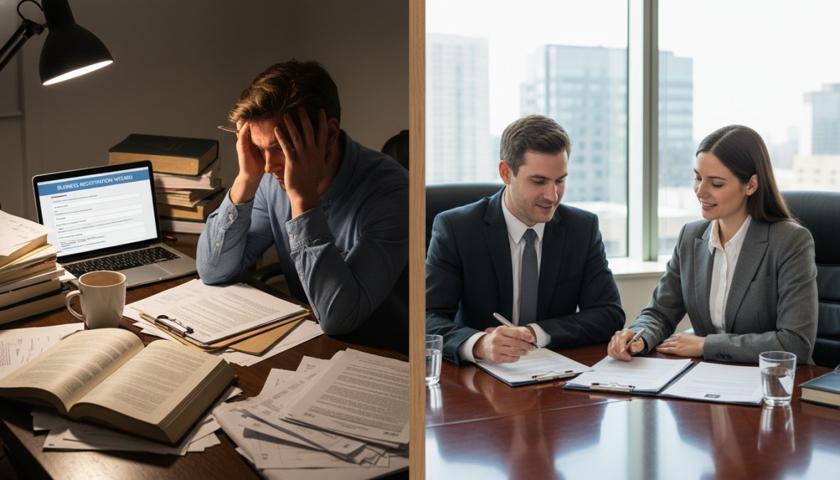 Business attorney and client seated across a polished conference table reviewing printed legal documents together, professional office with natural light through tall windows, both leaning forward engaged in discussion