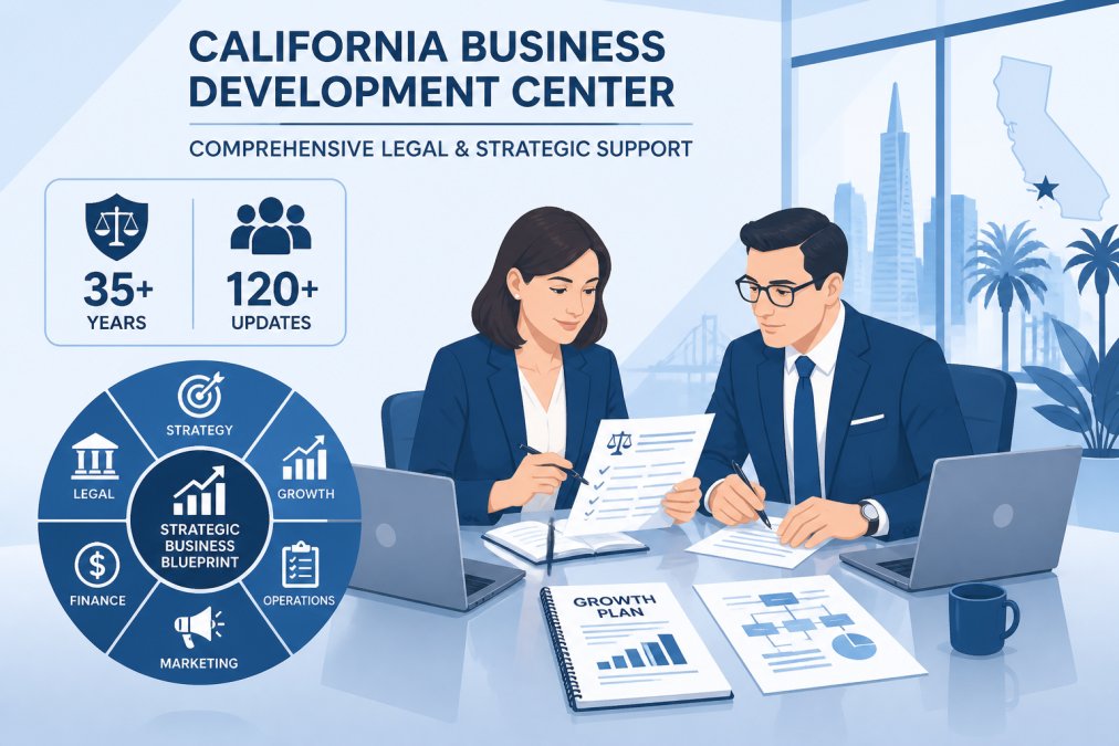 Two business professionals reviewing legal documents and strategic growth plans at a polished conference table with laptops and notebooks in a modern California office