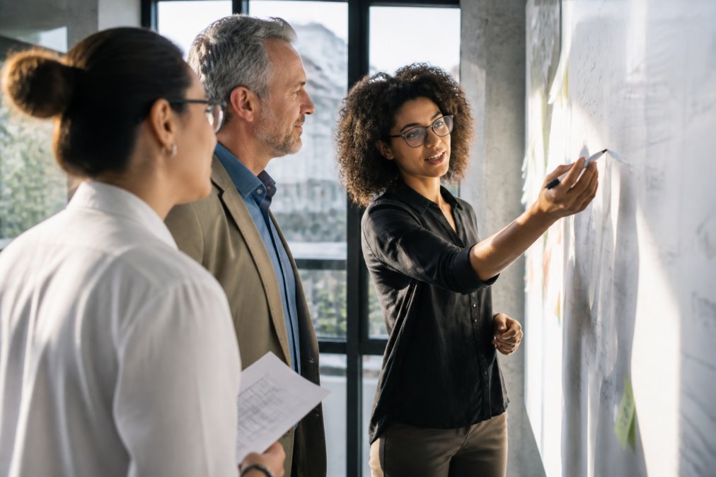 Diverse leadership team collaborating at a whiteboard in a modern tech office, pointing at strategic growth notes and market analysis diagrams with natural light streaming through windows