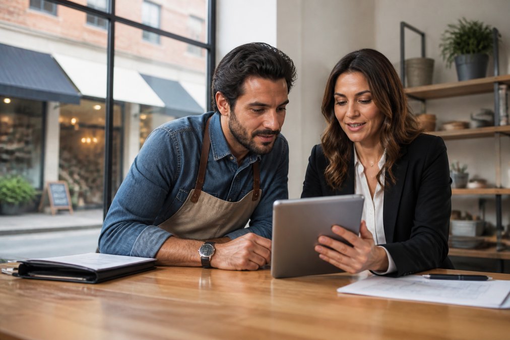 Business owner and agent reviewing business insurance on a tablet in a modern office
