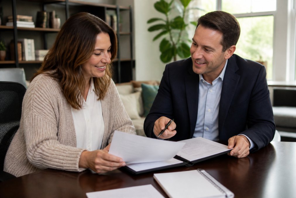 Business owner and agent reviewing the best business insurance for home based businesses at a modern desk