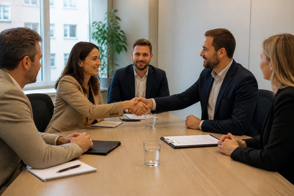 Sales team practising negotiation skills training in a modern office during a role-play exercise.