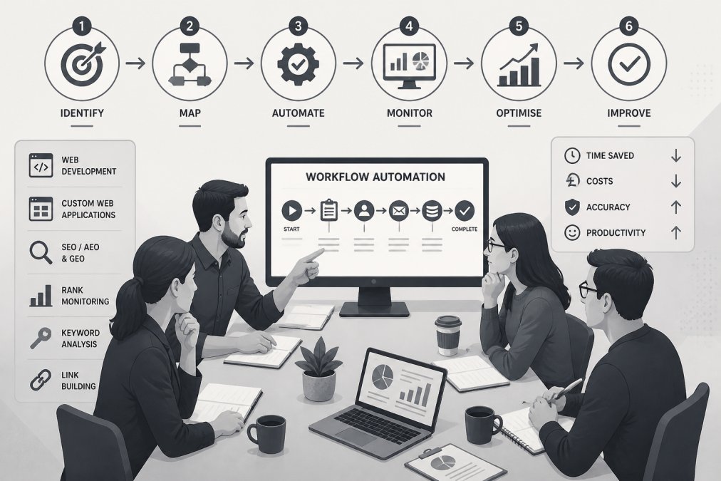 Small business team gathered around a desk reviewing workflow automation on a computer screen, with notepads and coffee cups visible, showing collaborative process improvement